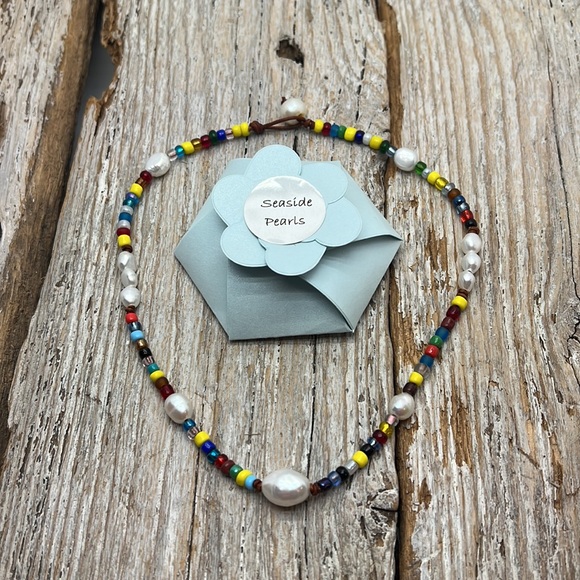 Seaside Pearls Roxanne Multicolored Beaded Freshwater Pearl & Leather Choker New - Picture 3 of 4